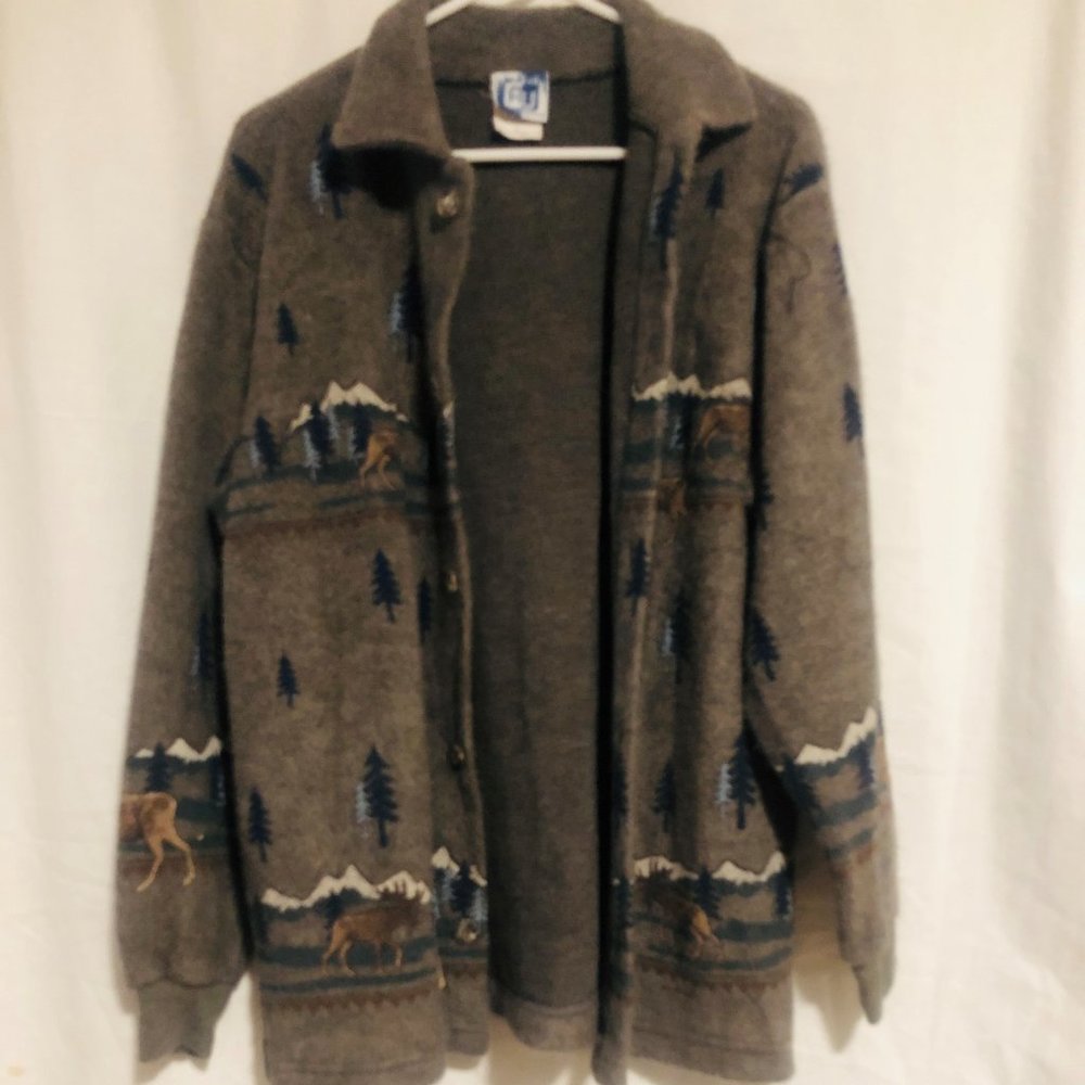 Art Unlimited Grey Tree Moose Fleece Button Down Shirt Men's L